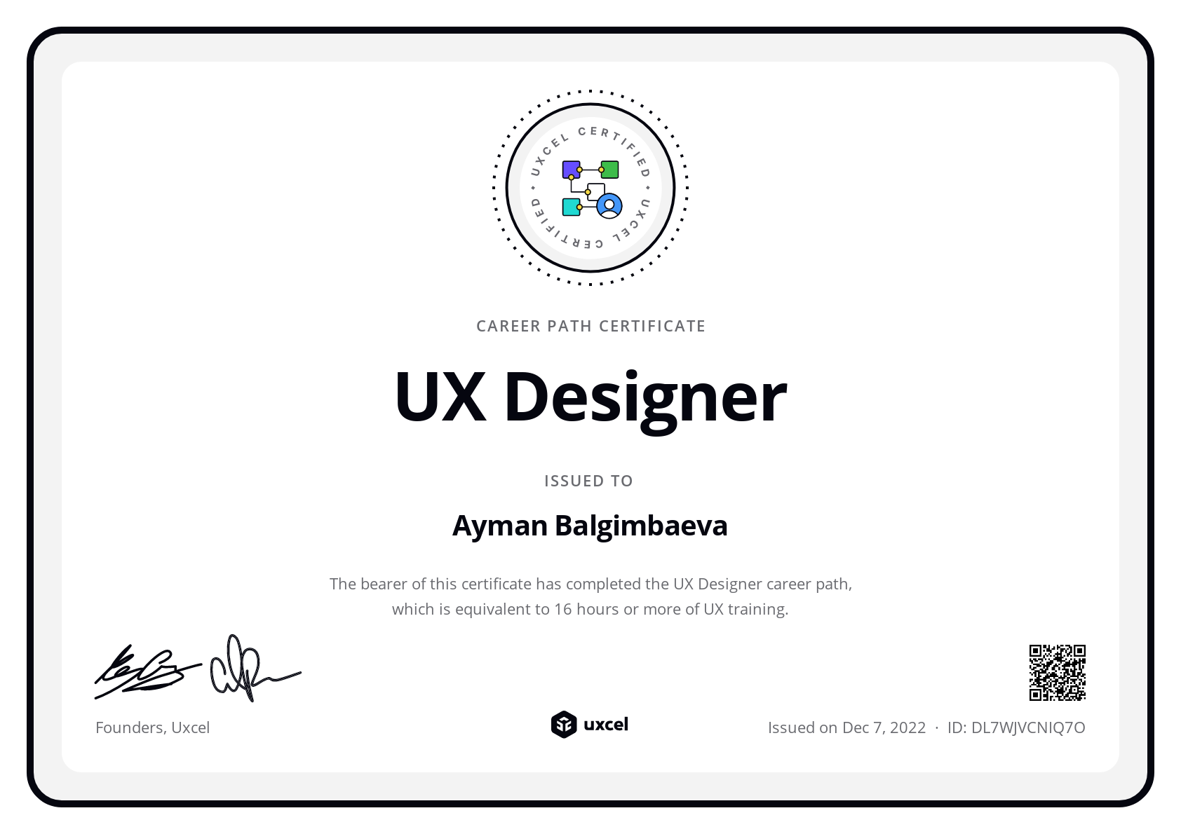 Ayman Balgimbaeva's certificate